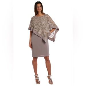 R & M Richards Asymmetrical Sequin Patterned Poncho Dress - Metalic Lace